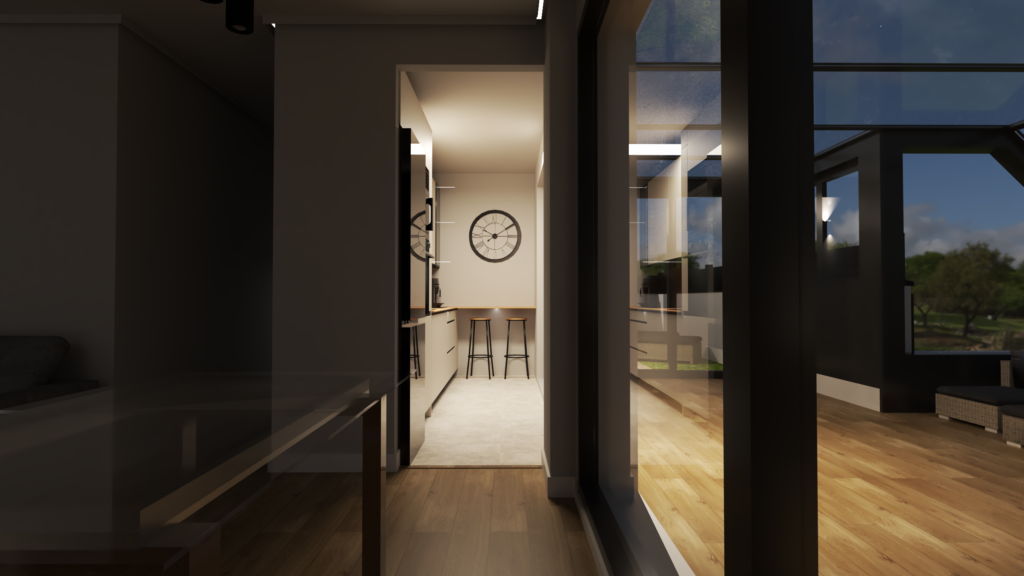 Render 3D fotorrealista de cocina moderna abierta con isla central, acabados en blanco y madera e iluminación cálida