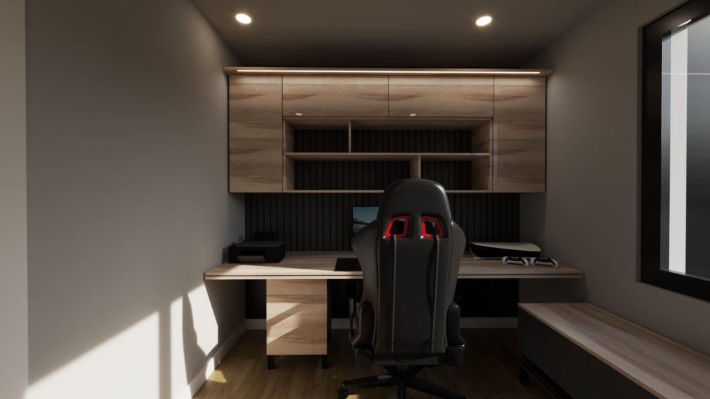 Render 3D fotorrealista de despacho moderno con mobiliario de madera, silla gaming y luz natural desde ventana lateral