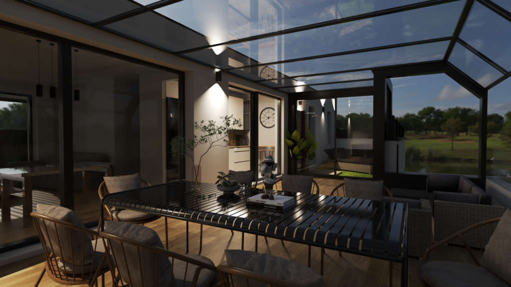 Render 3D fotorrealista de terraza acristalada con estructura metálica, mesa de comedor exterior y jardín al fondo