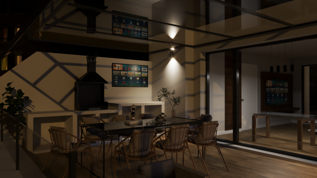 Render 3D fotorrealista de terraza acristalada con iluminación nocturna, mobiliario exterior y vistas al jardín